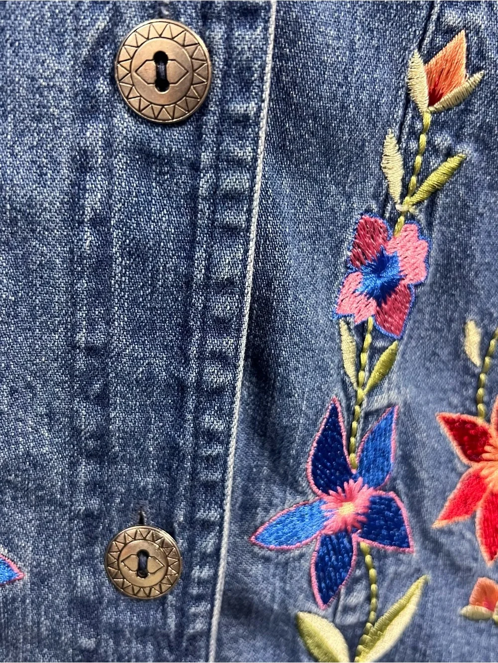 Vintage Floral Embroidered Denim Jacket Women Large Blue Jean Cottagecore Boho